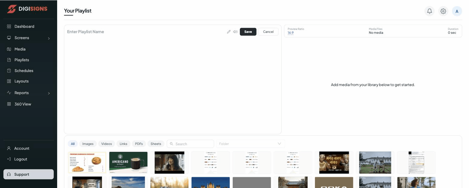 The playlist editor — name the playlist, then add and order media from your library
