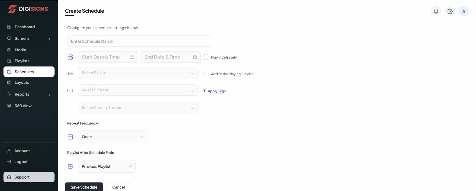 The Create Schedule form — name, start/end time, playlist, screens, and repeat frequency