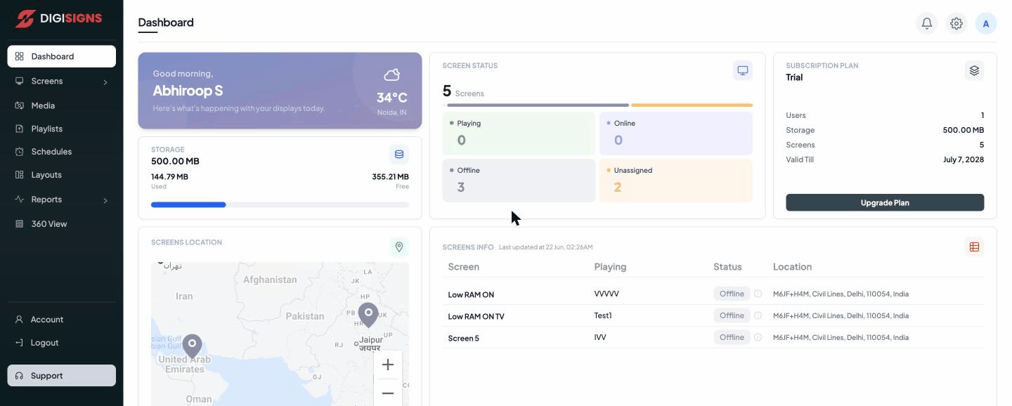 The Digisigns dashboard home page