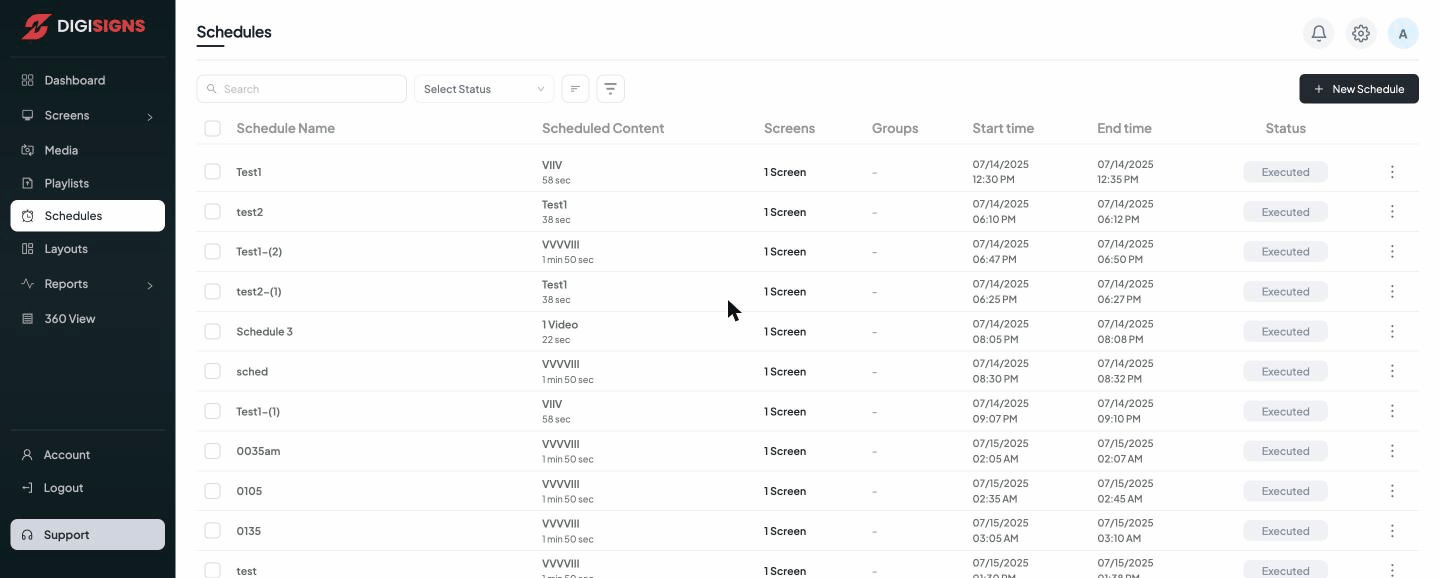 The Schedules page