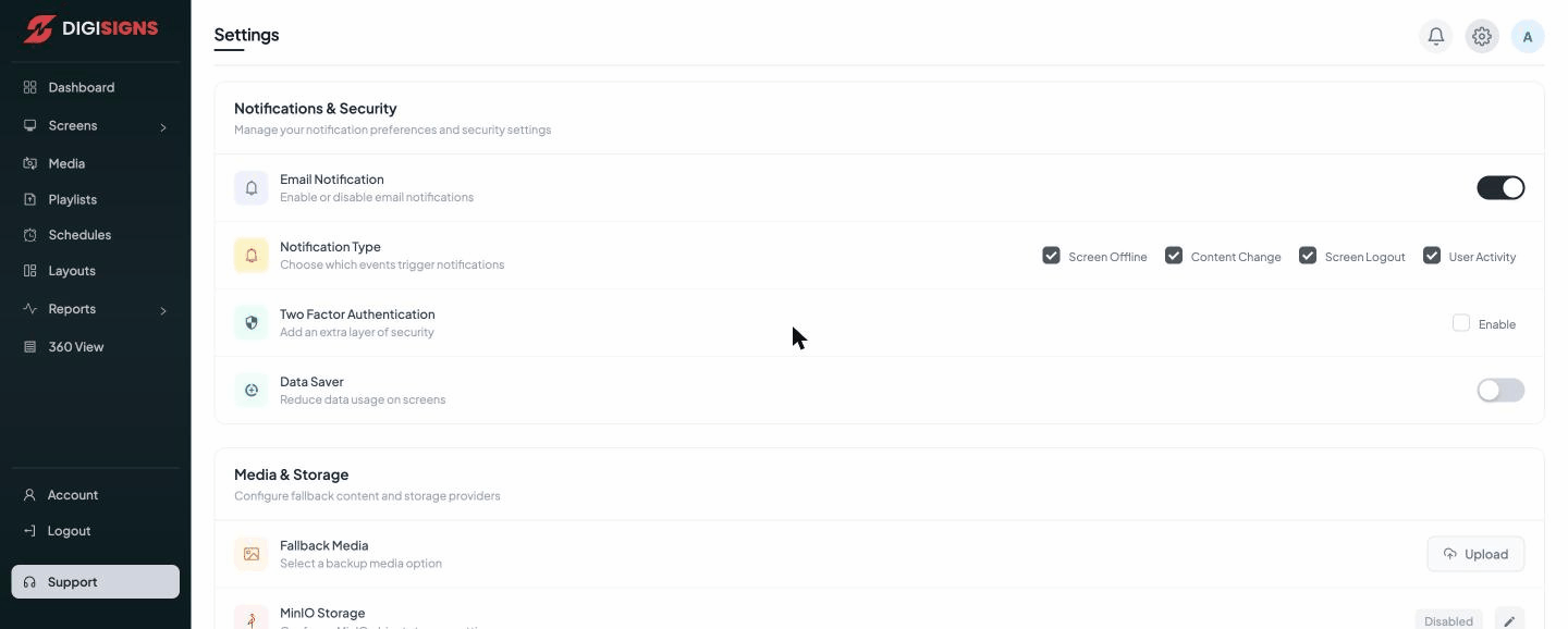 The Settings page
